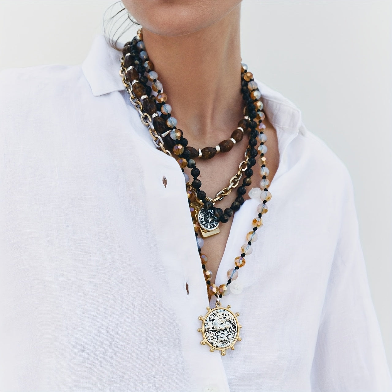 Blossom Radiate Boho Layered Stone Pendant Necklace Vintage