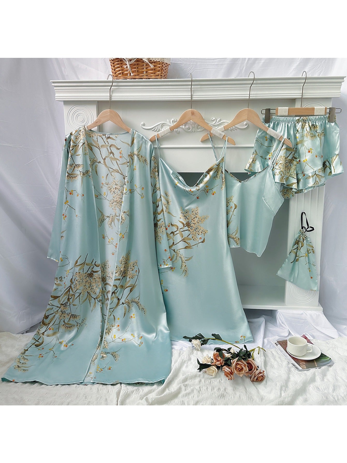 Five Piece Printed Cherry Pajama Set For Women Lightweight Cotton Homewear Comfort