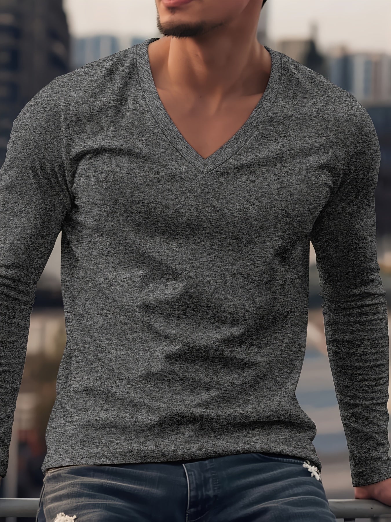 Men's V-Neck Long Sleeve Shirt for Casual Wear