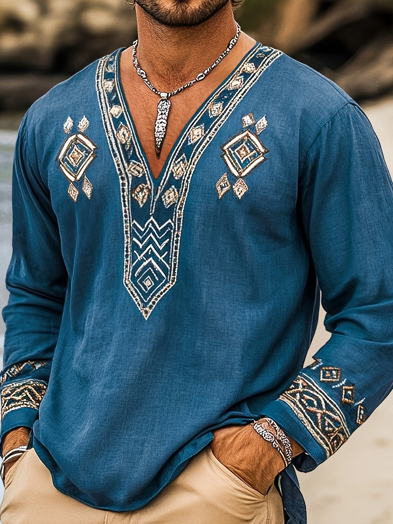 Blossom And Radiate Mens Bohemian Geometric Print Long Sleeve Shirt