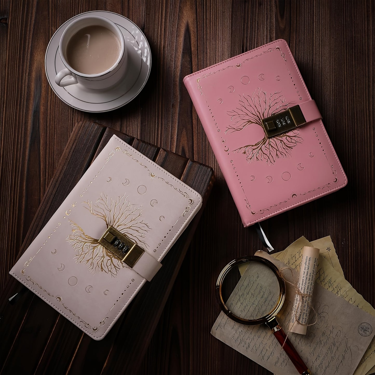 Lockable Password Book Withered Tree Pattern Leather Notebook