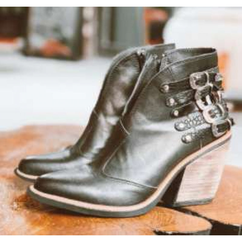 Western Retro Chunky Heel Ankle Boots Buckle Straps