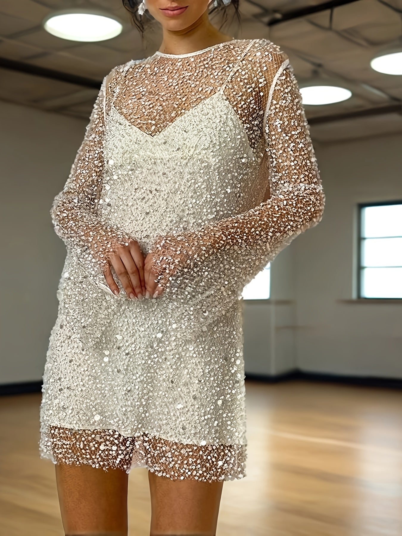 Sequin Mesh Two Piece Set With Lace Up Detail Women