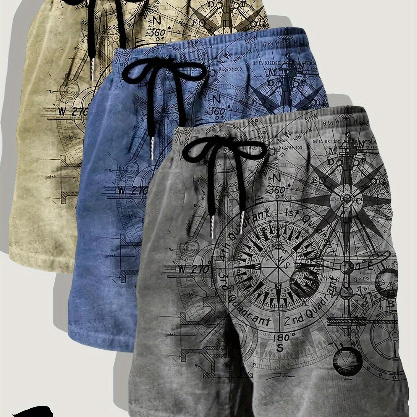Three Pack Mens Casual Beach Shorts Nautical Chart Print