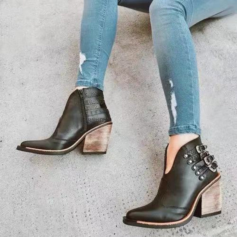 Women's Chelsea Boots Buckles Rivet Zipper Pointed Toe