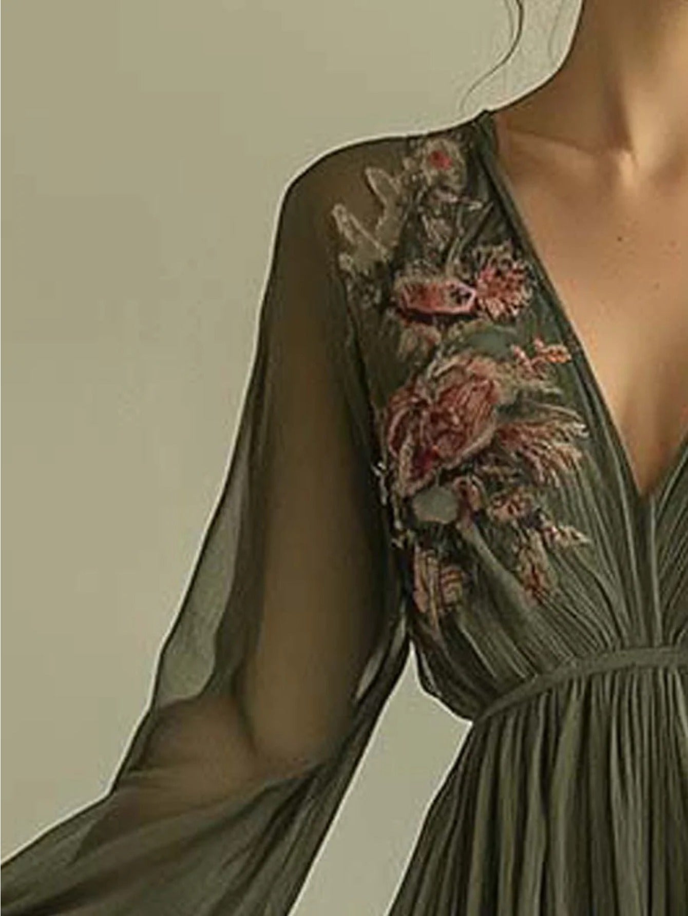 Blossom And Radiate Digital Print V Neck Long Sleeve Dress