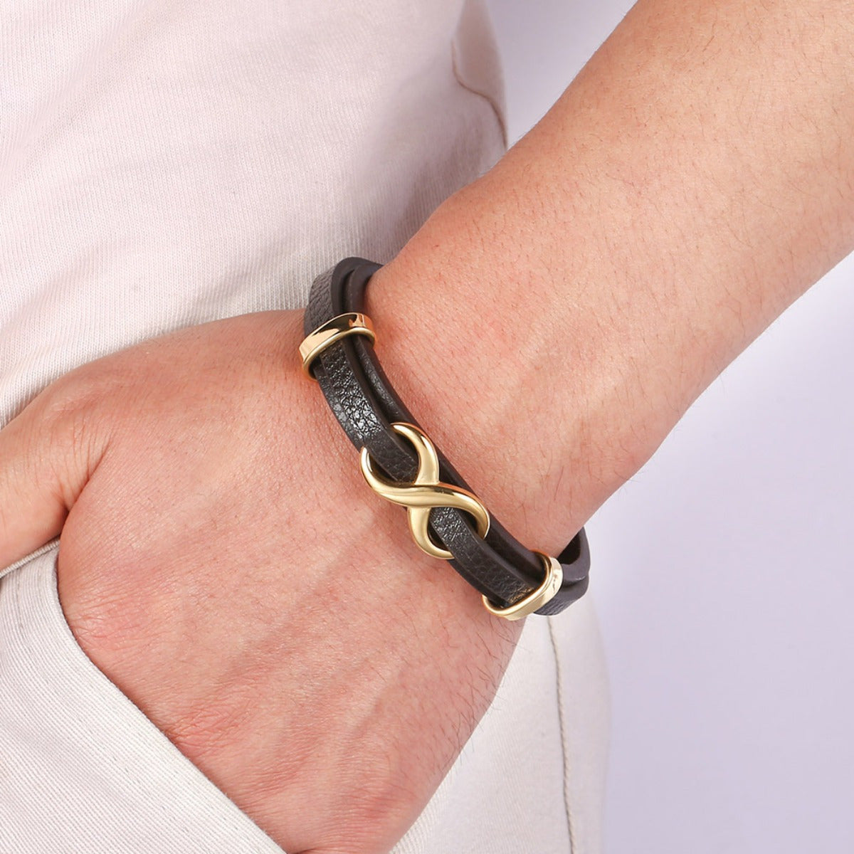 Men's Stainless Steel Leather Infinity Bracelet
