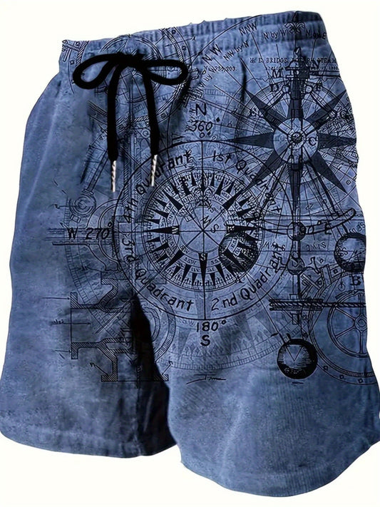 Three Pack Mens Casual Beach Shorts Nautical Chart Print