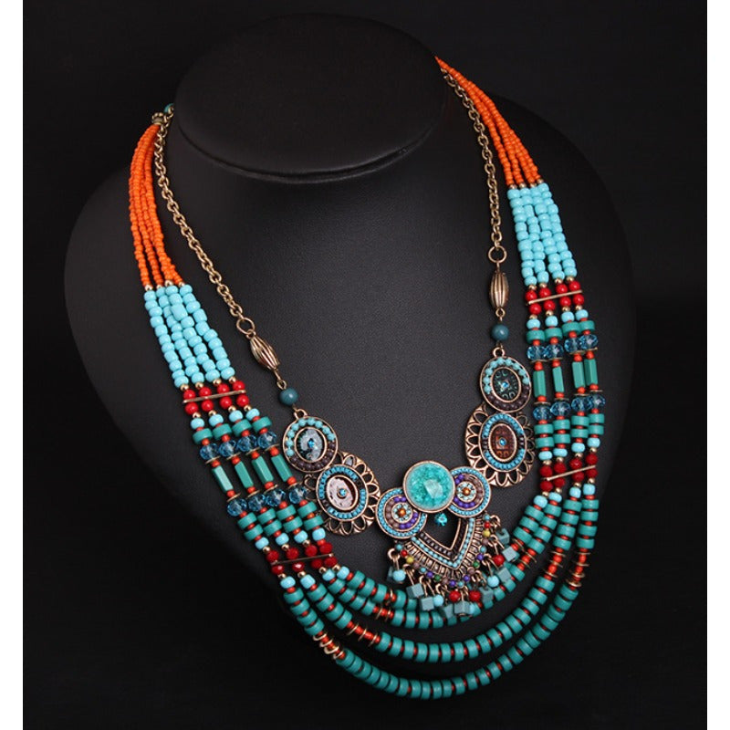 Bohemian Chic Beaded Necklace For Women With Turquoise Accents And Blue Beads