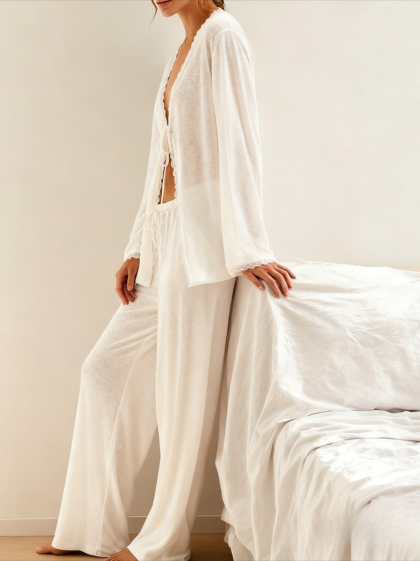 Women's Lace V-Neck Long Sleeve Pajama Set With Buttons