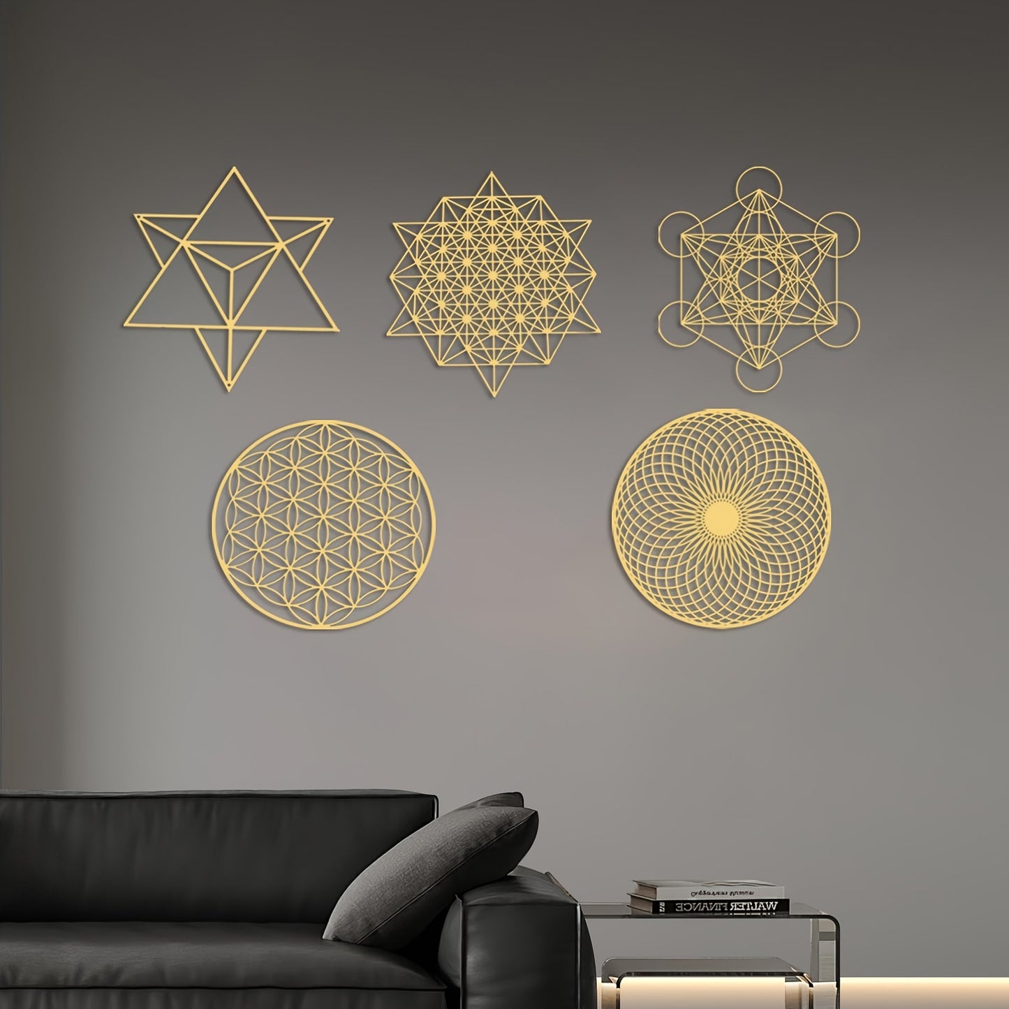 5pcs 12 Inch Sacred Geometry Wood Wall Art Set Cube Home Decor Flower Of Life Hanging Sculpture Metal Grid 7 Chakra Wall Decor