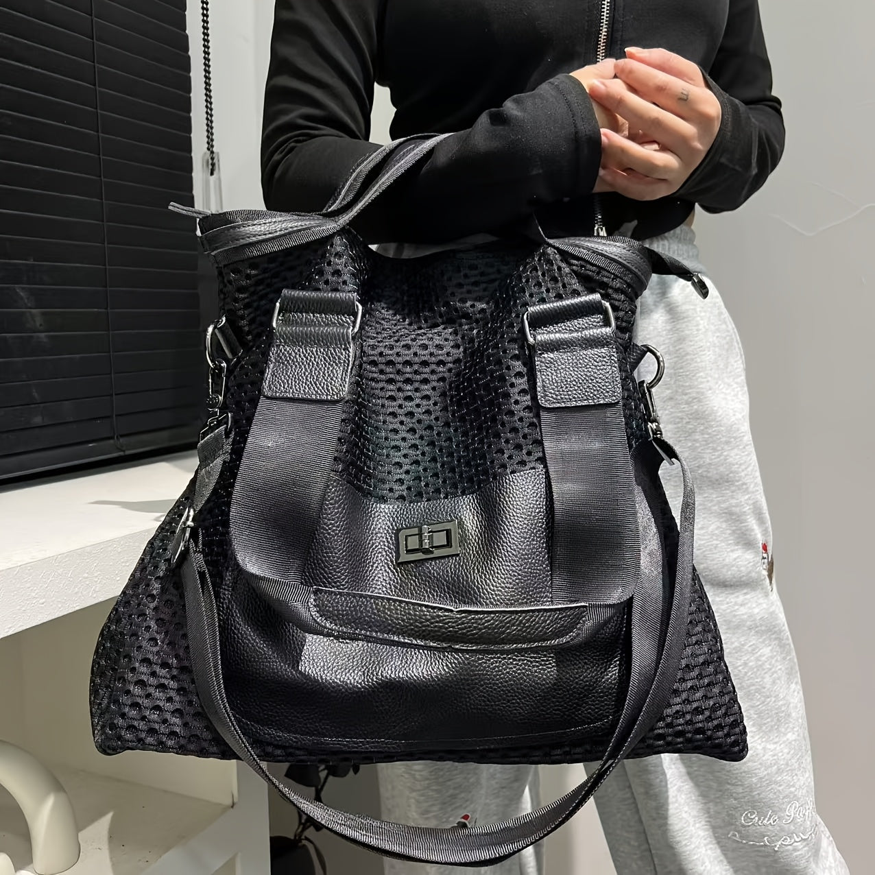 Durable Nylon Tote Bag With Detachable Strap And Zipper