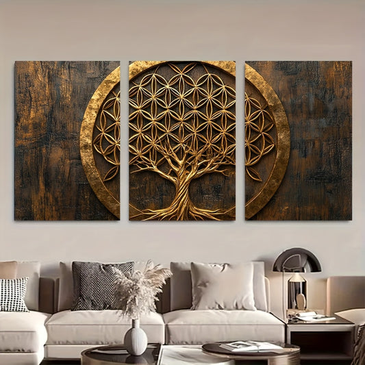 2D Canvas, Modern Bohemian Three-Panel Wall Art- Flower of Life, Tree of Life& Sephiroth Sacred Geometry Framed Canvas Prints 15.7x23.6 Inch, Golden on Dark Background for Living Room, Home Office& Christmas Decor, Wall Decor