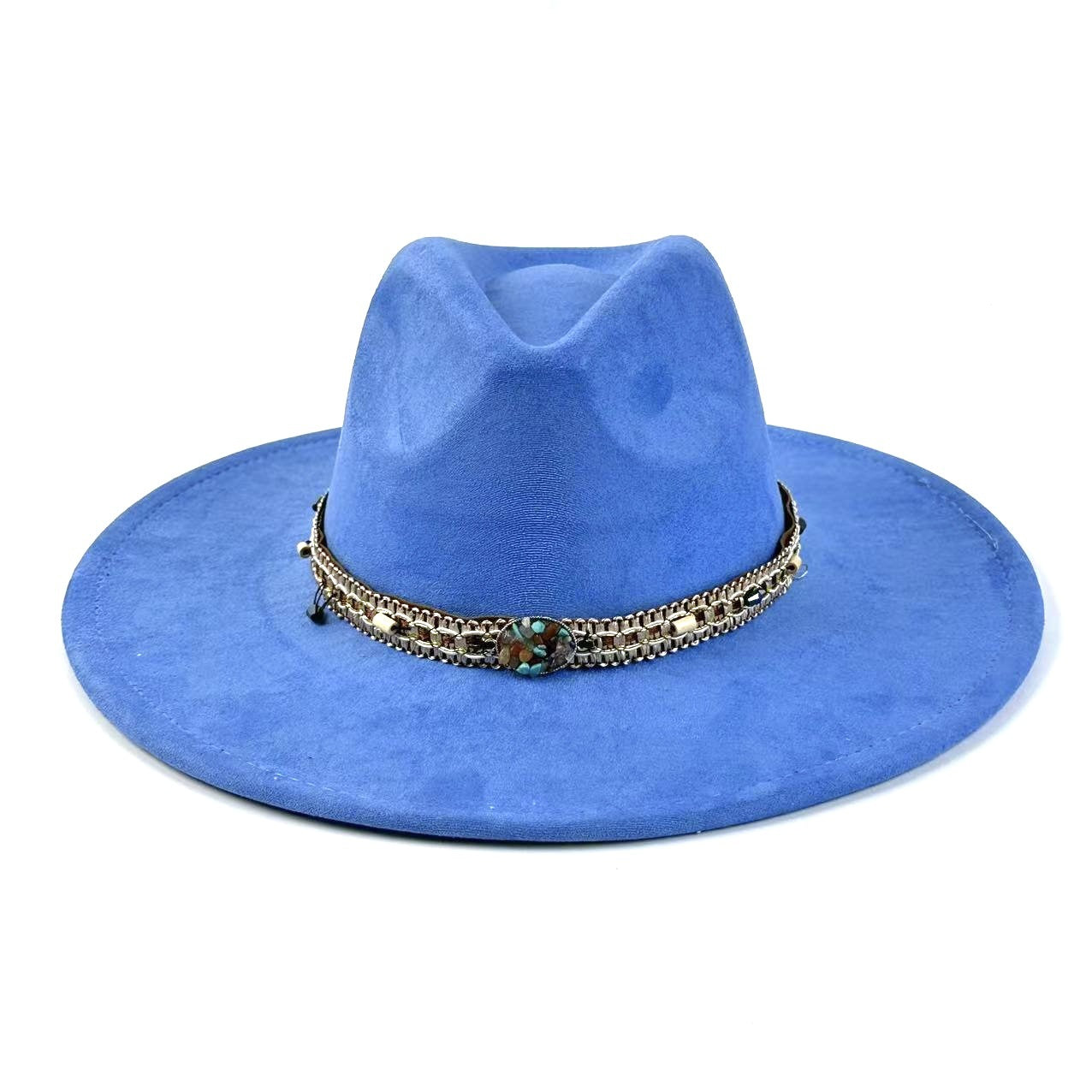 Bohemian Wide-Brim Felt Hat With Turquoise Bead Chain Band