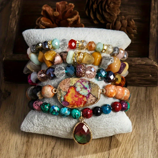 Blossom Radiate Natural Stone Beads Pendant Bracelet Set