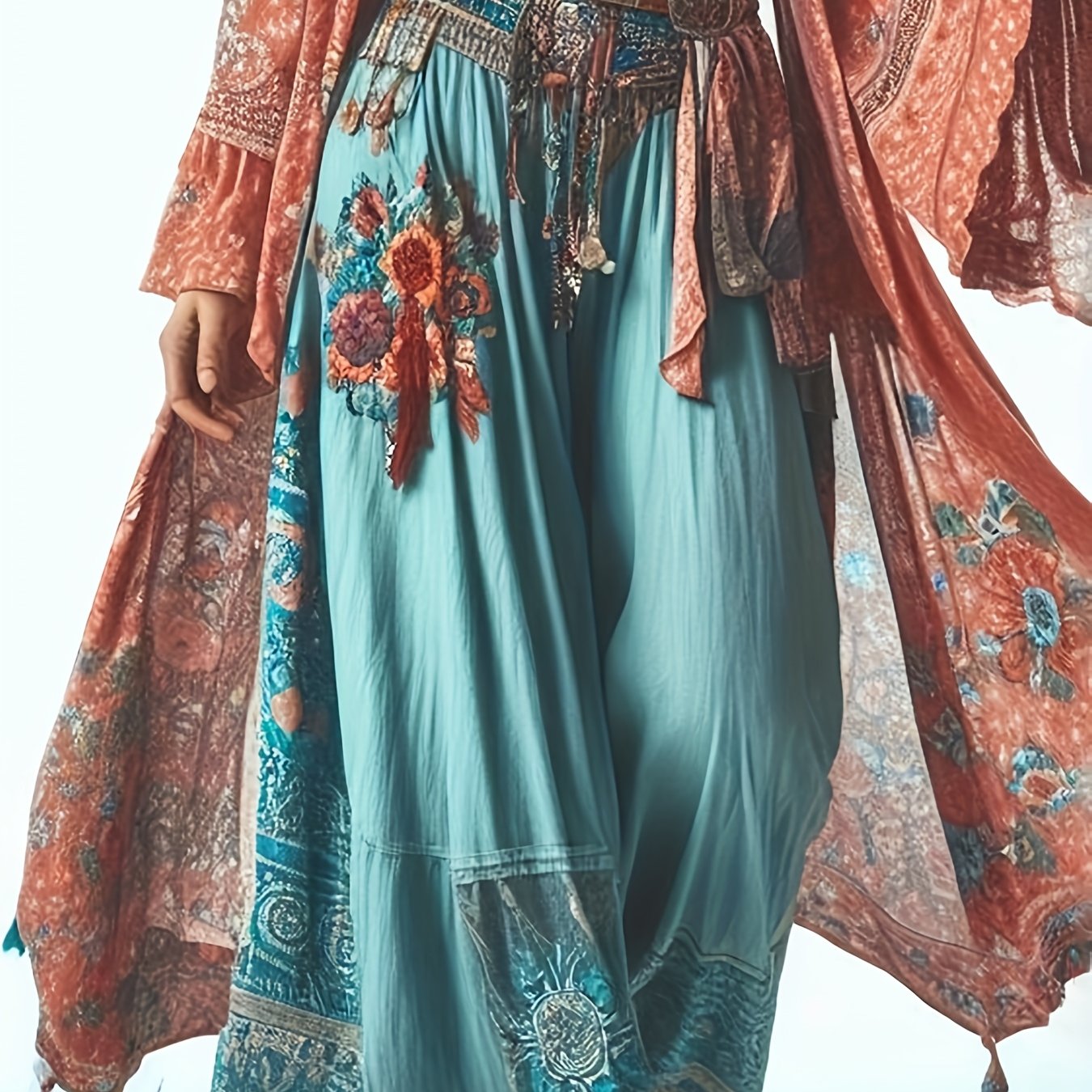 Floral High-Waisted Wide-Leg Trousers With Elastic Waistband