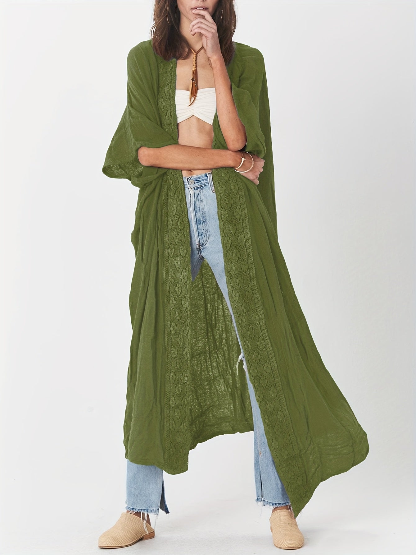 Women's Beach Cover Up Cardigan With Lace Sun Protection