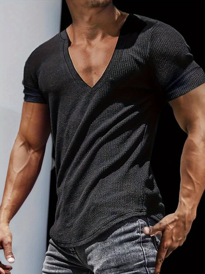 Mens Deep V Neck T Shirt Stripe Knit Polyester Fitted