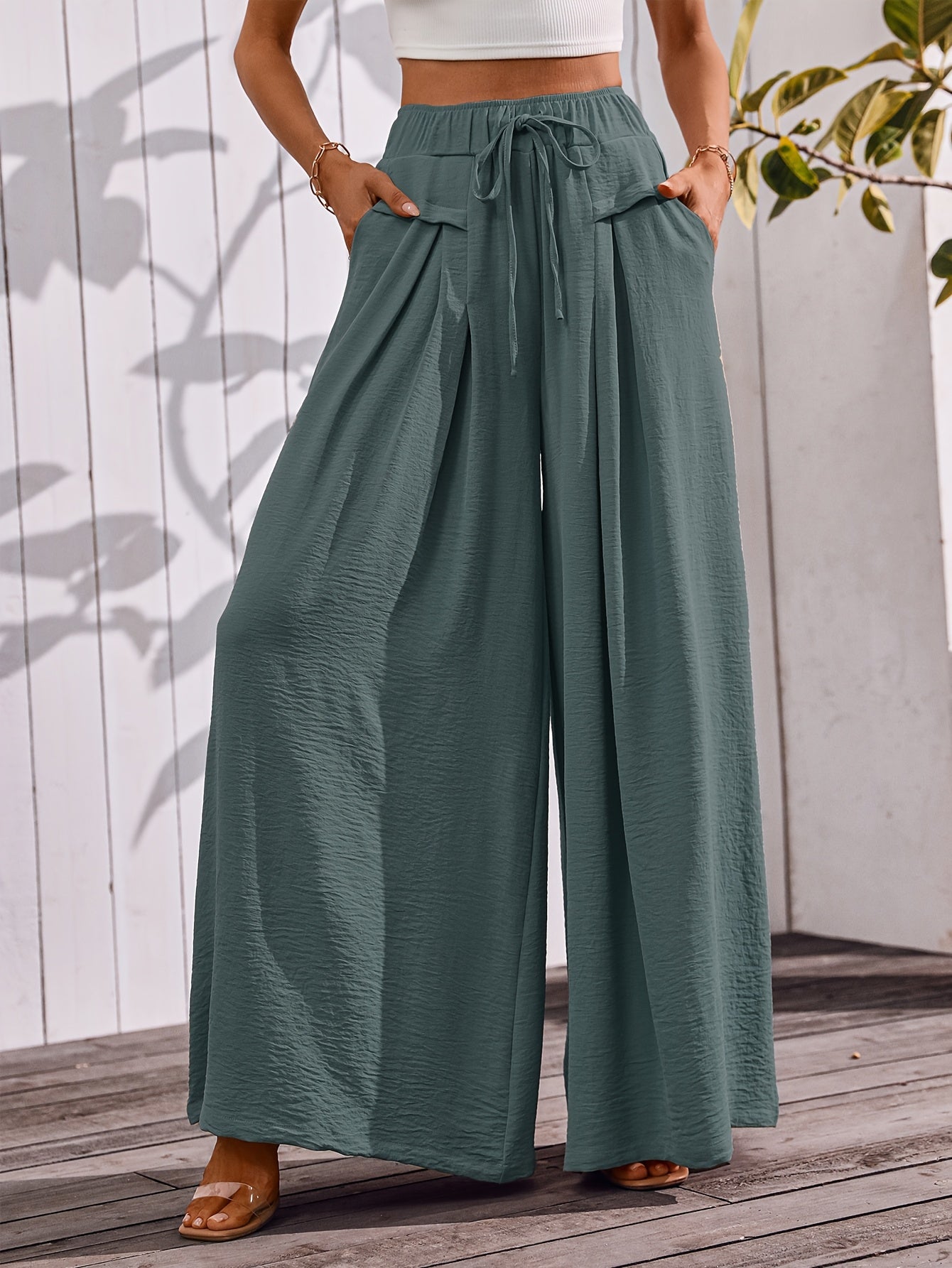 Flowy Wide Leg Pants For Women With Elastic Waist Pocket