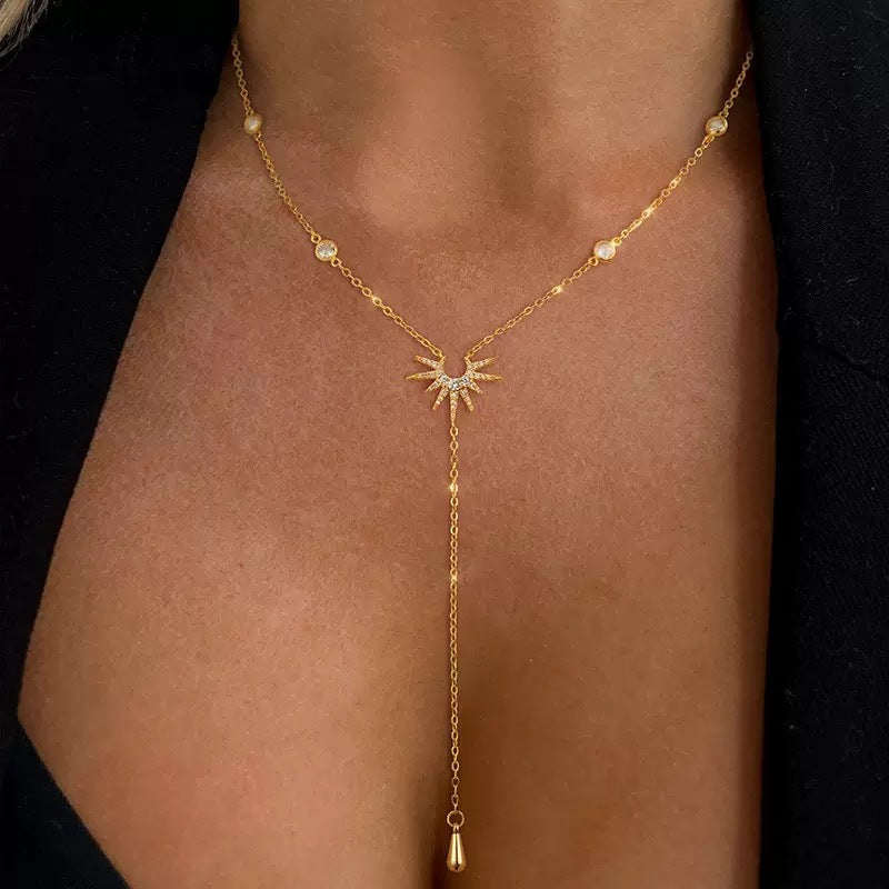 Blossom Radiate Boho Y Shaped Tassel Necklace Rhinestones