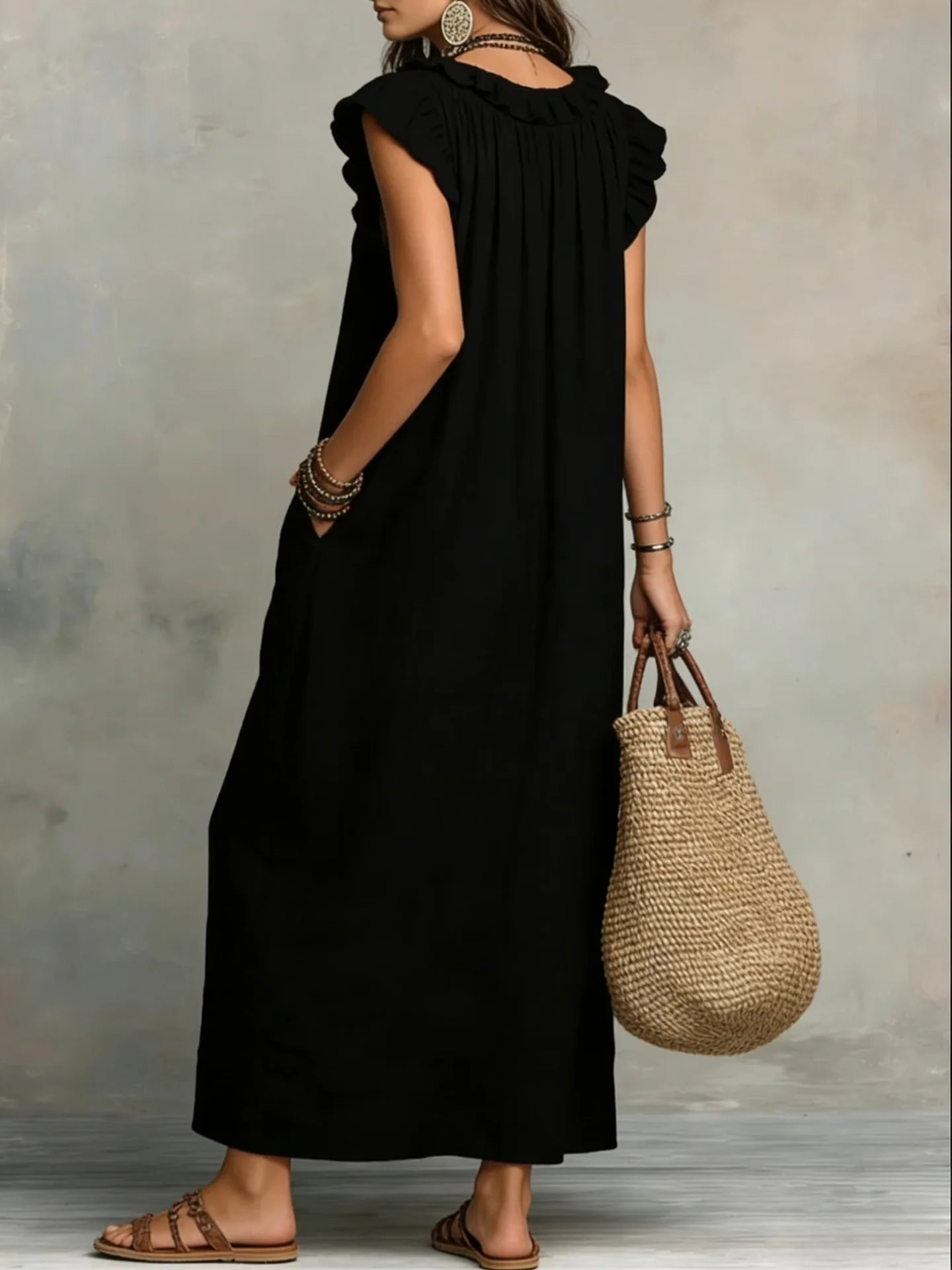 Retro Bohemian Linen Maxi Dress with Ruffle V Neck