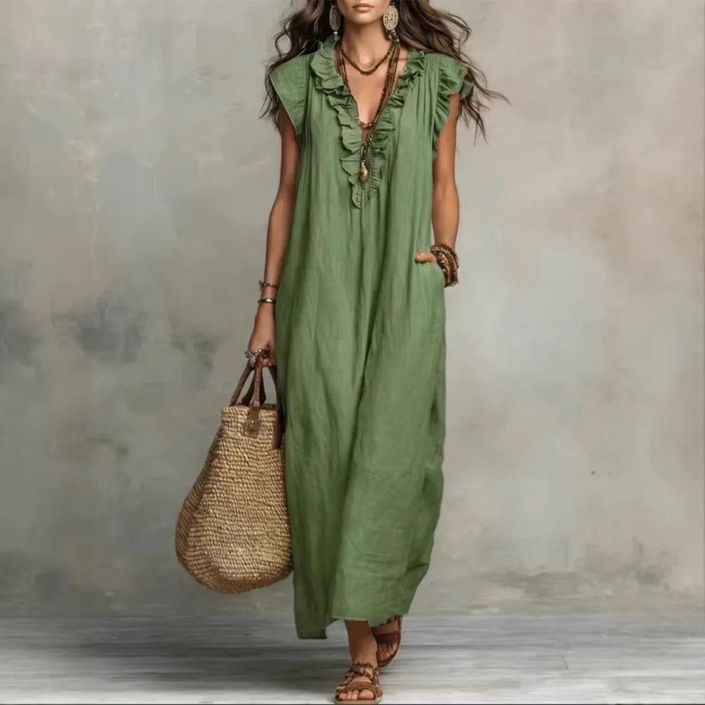Retro Bohemian Linen Maxi Dress with Ruffle V Neck