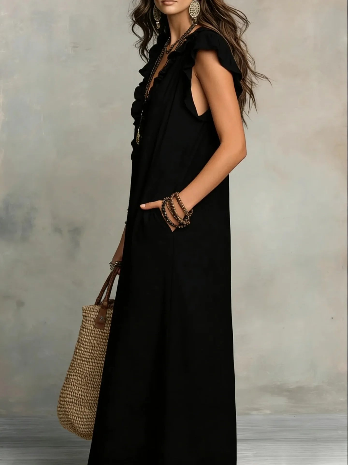 Retro Bohemian Linen Maxi Dress with Ruffle V Neck