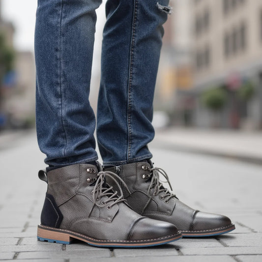 Hecrafted Men Lace Up Ankle Boots With Zipper Leather