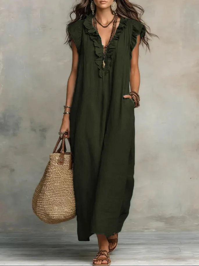 Retro Bohemian Linen Maxi Dress with Ruffle V Neck