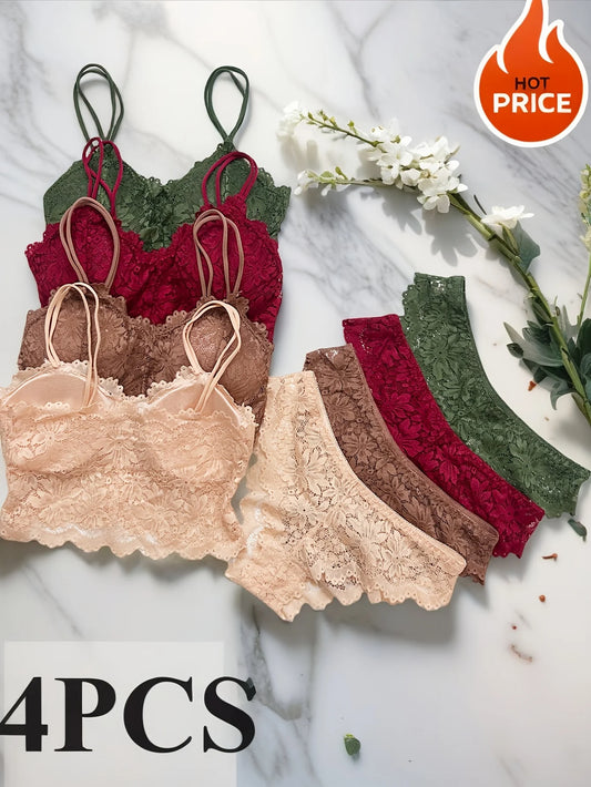Guangdong Lace Bra And Panty Set Sexy 4 Piece Women