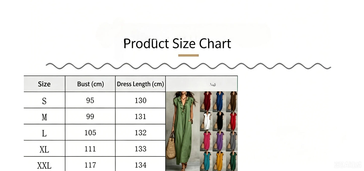 Retro Bohemian Linen Maxi Dress with Ruffle V Neck