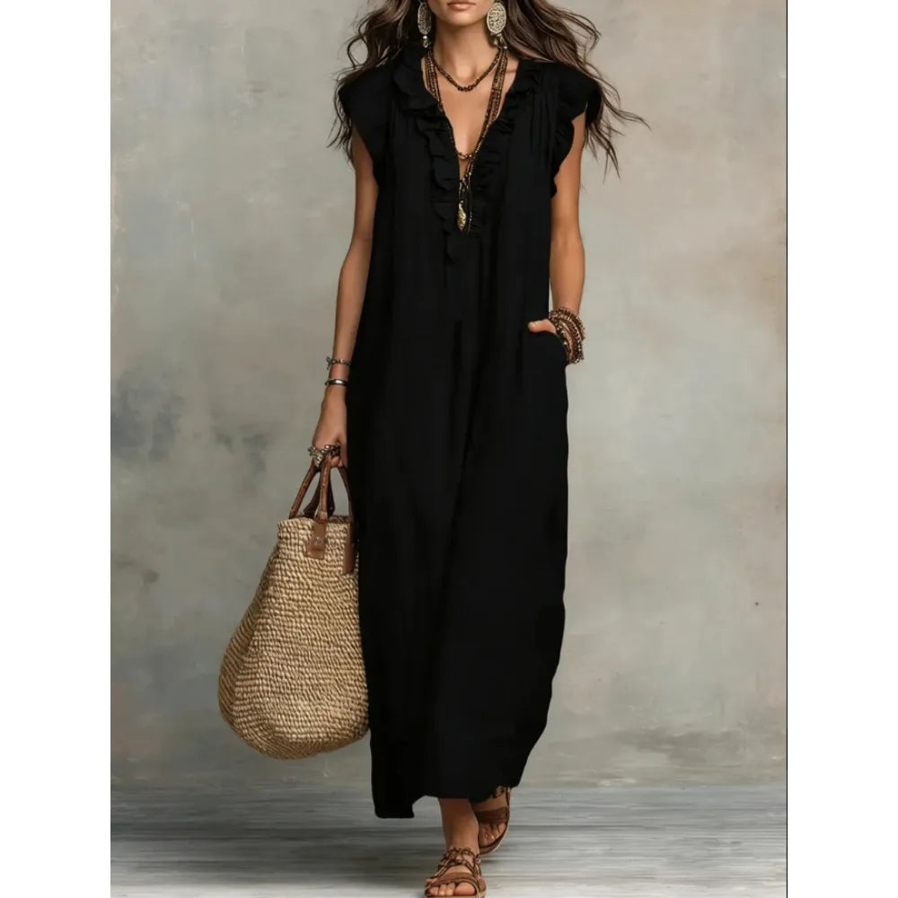 Retro Bohemian Linen Maxi Dress with Ruffle V Neck