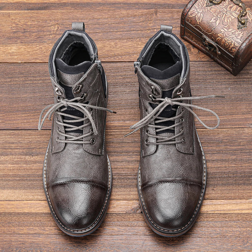 Hecrafted Men Lace Up Ankle Boots With Zipper Leather