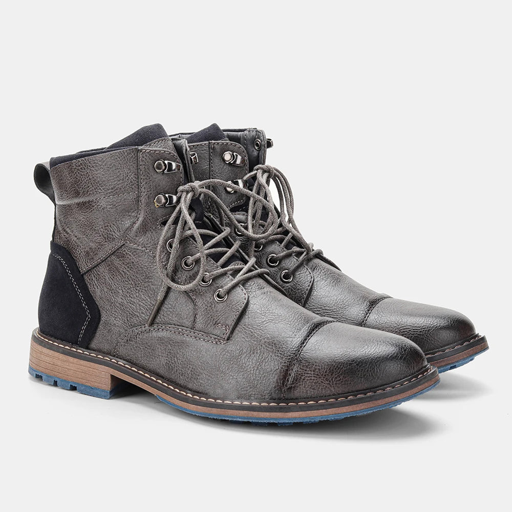 Hecrafted Men Lace Up Ankle Boots With Zipper Leather