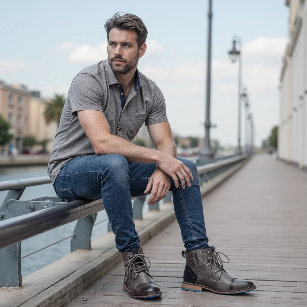 Hecrafted Men Lace Up Ankle Boots With Zipper Leather