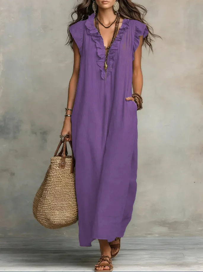 Retro Bohemian Linen Maxi Dress with Ruffle V Neck
