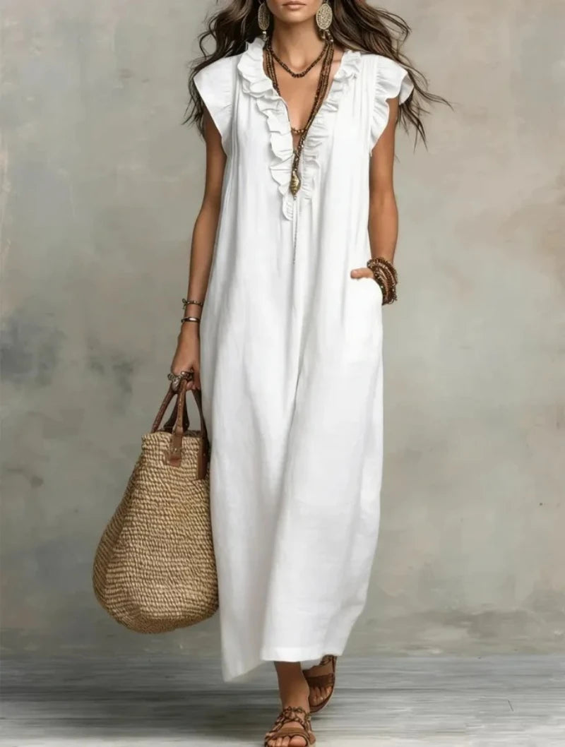 Retro Bohemian Linen Maxi Dress with Ruffle V Neck