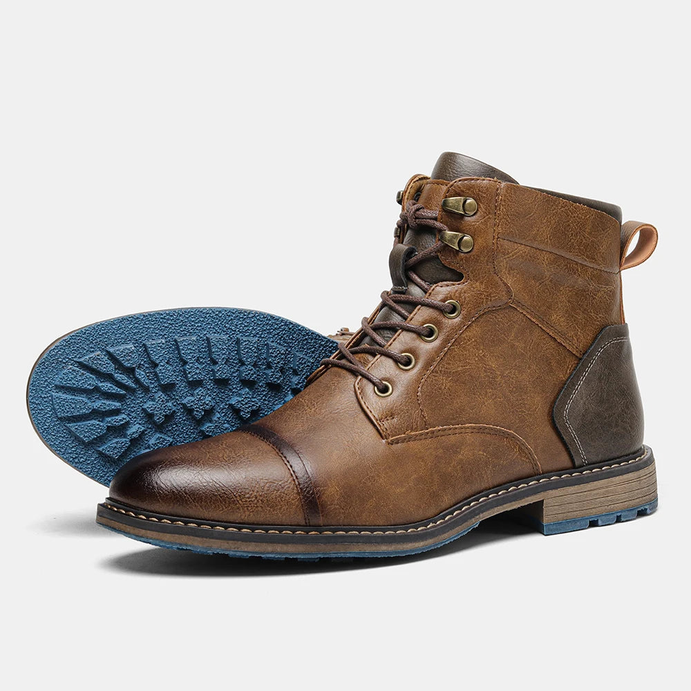 Hecrafted Men Lace Up Ankle Boots With Zipper Leather