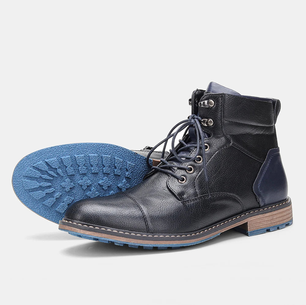 Hecrafted Men Lace Up Ankle Boots With Zipper Leather