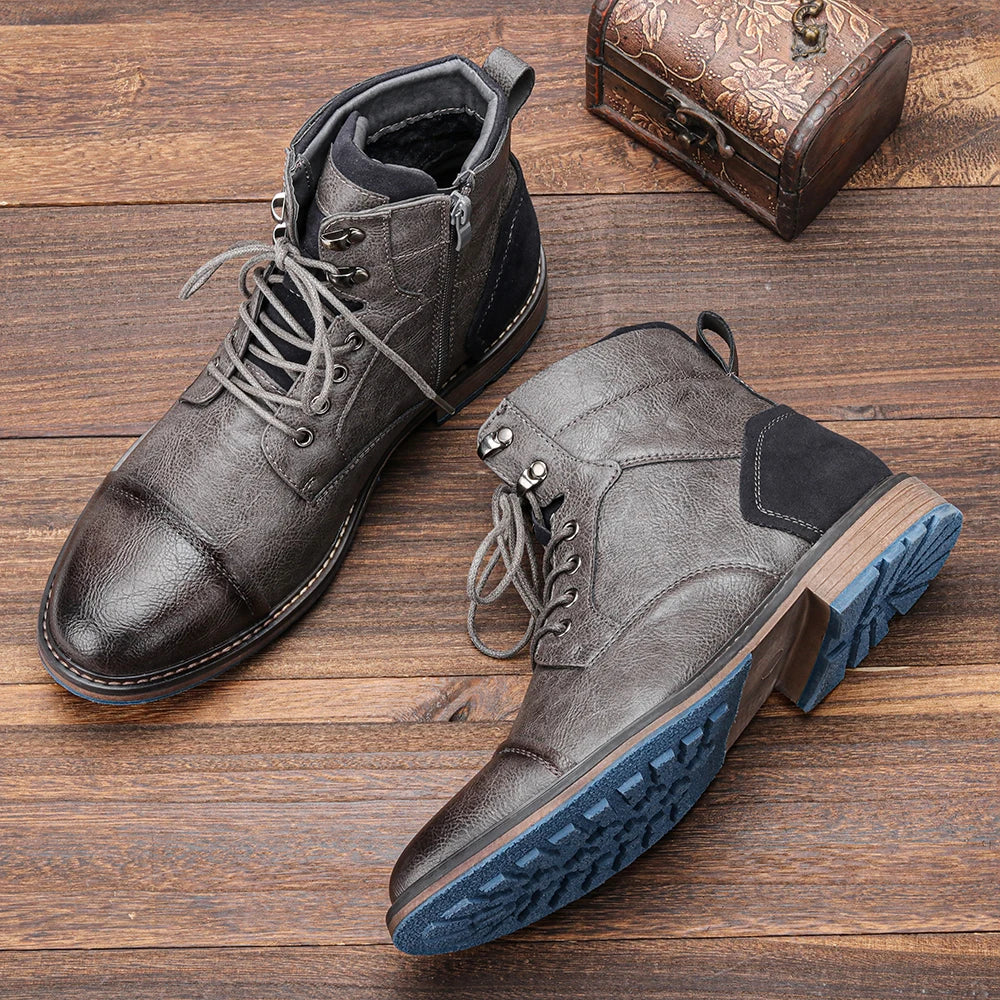 Hecrafted Men Lace Up Ankle Boots With Zipper Leather