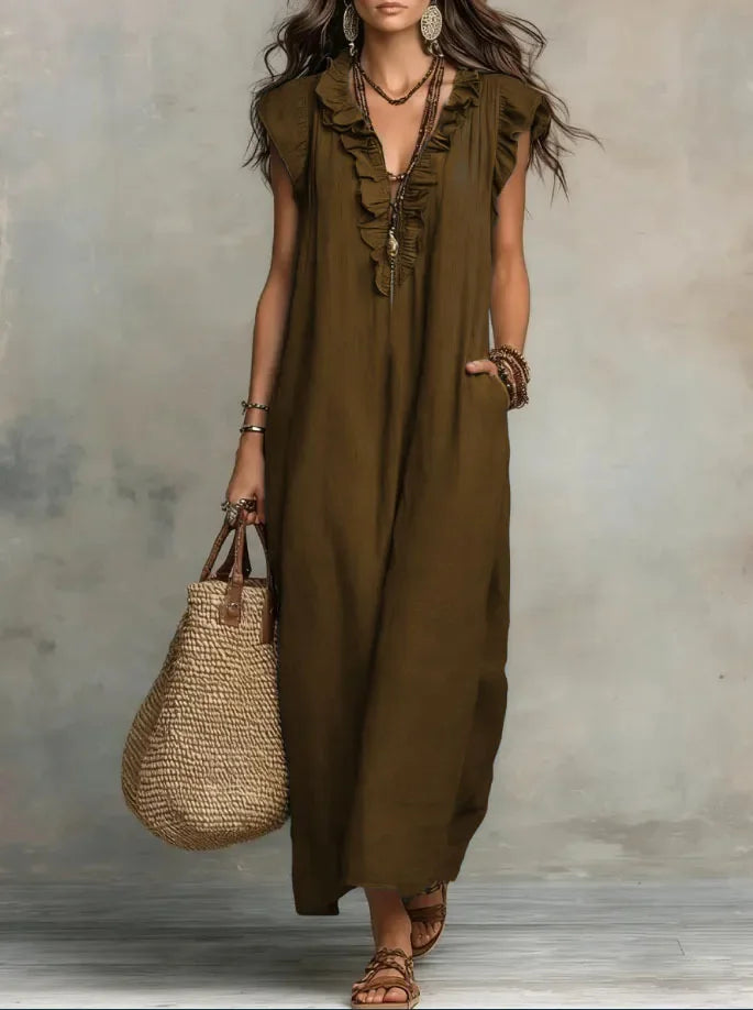 Retro Bohemian Linen Maxi Dress with Ruffle V Neck