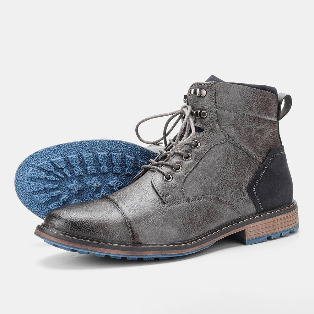 Hecrafted Men Lace Up Ankle Boots With Zipper Leather