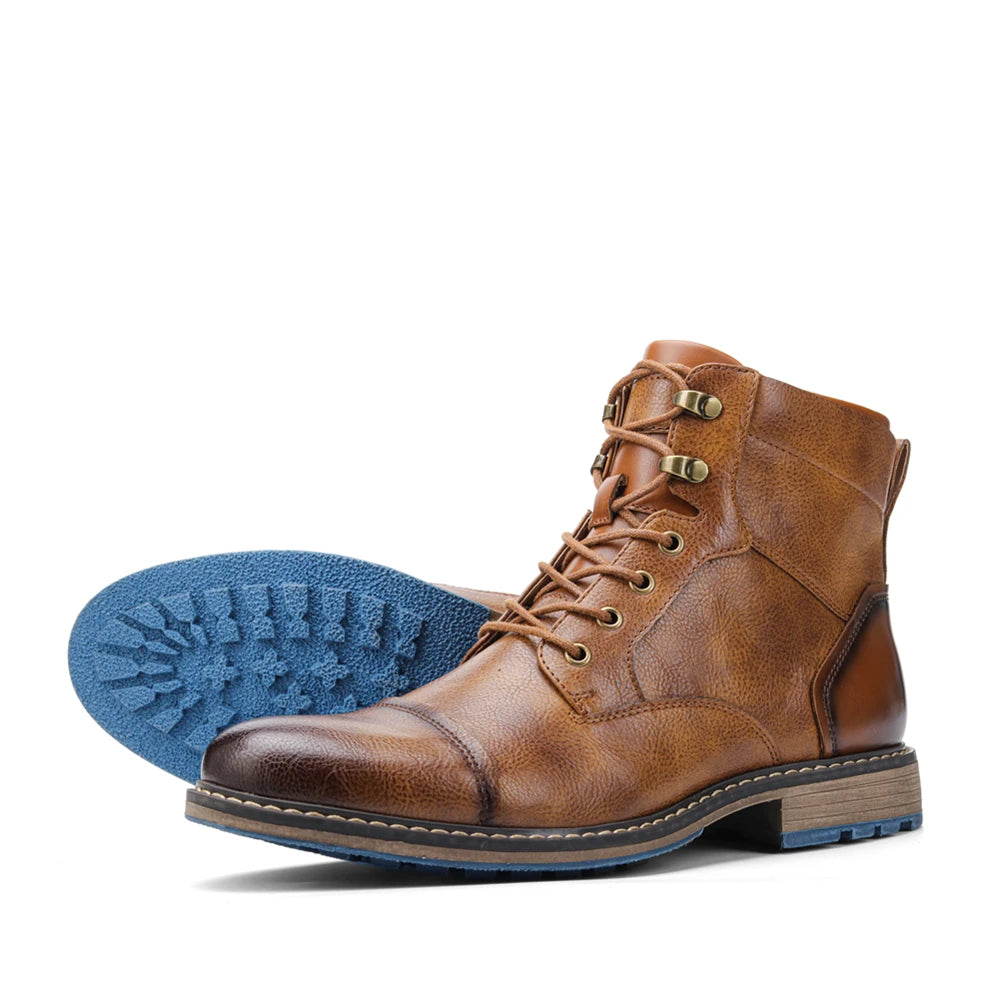 Hecrafted Men Lace Up Ankle Boots With Zipper Leather