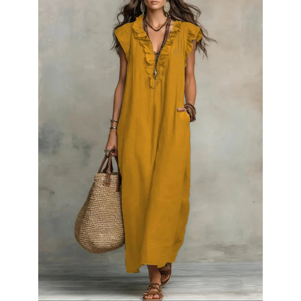 Retro Bohemian Linen Maxi Dress with Ruffle V Neck