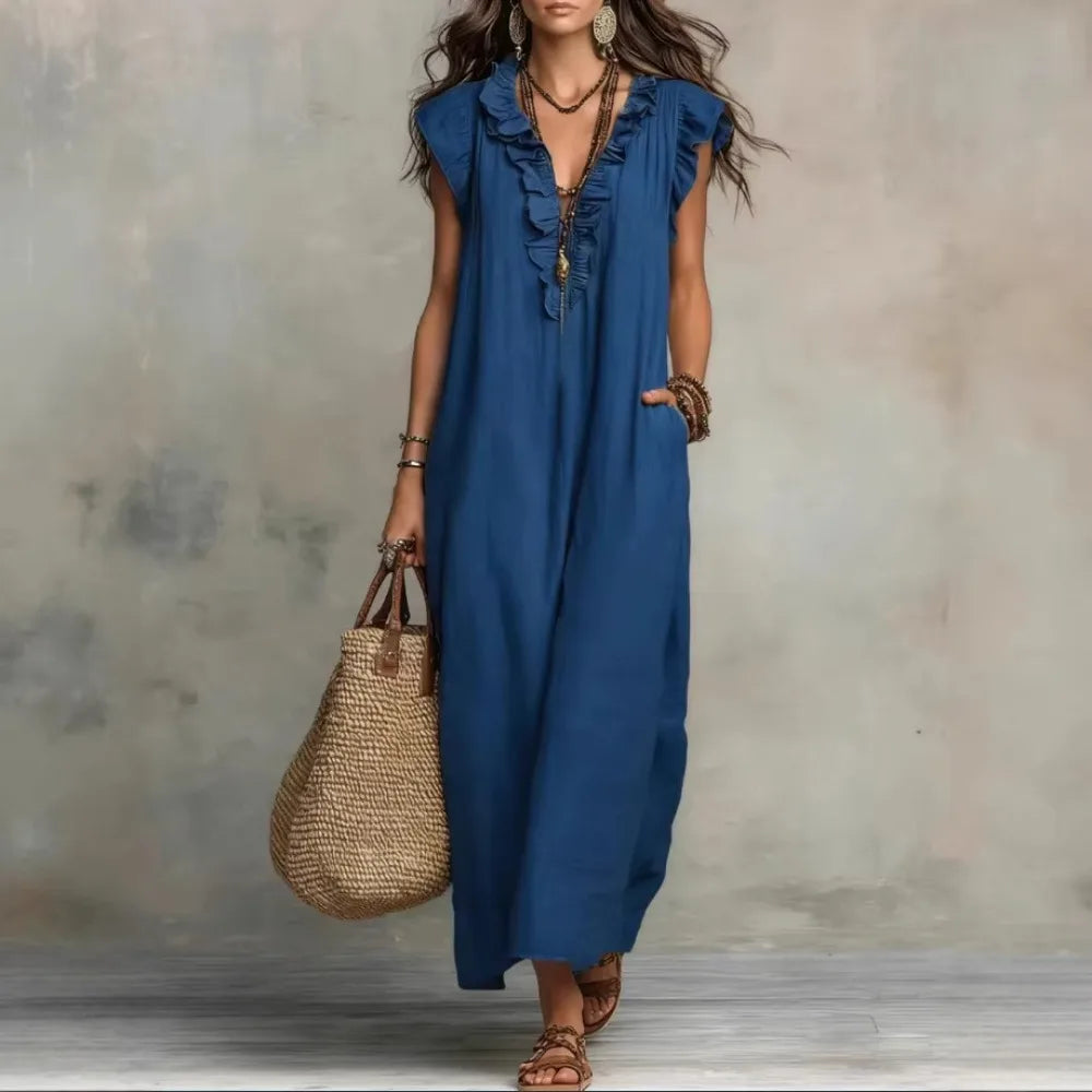 Retro Bohemian Linen Maxi Dress with Ruffle V Neck