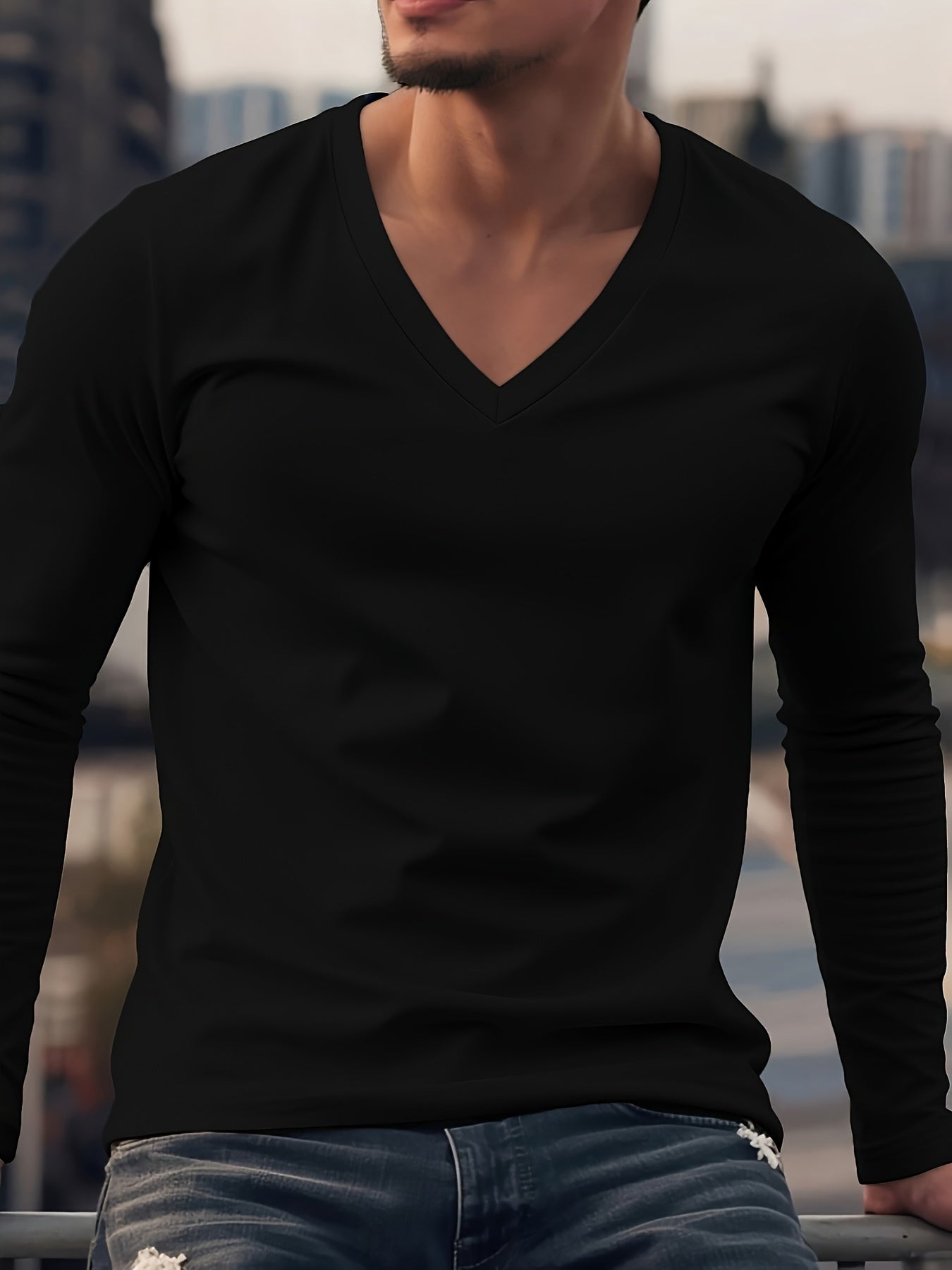 Men's V-Neck Long Sleeve Shirt for Casual Wear