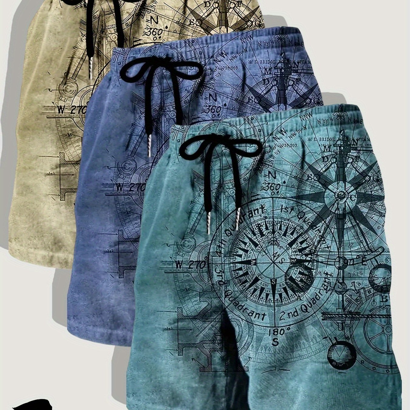 Three Pack Mens Casual Beach Shorts Nautical Chart Print