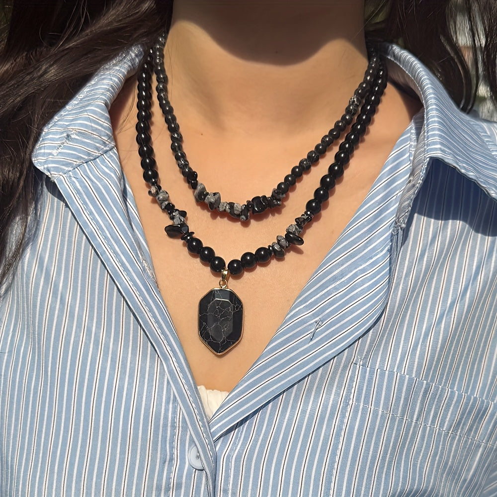 Blossom Radiate Grounding Obsidian Beaded Necklace Set
