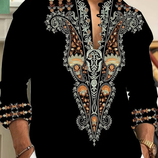 Mens Retro Floral Embroidered Long Sleeve Shirt Casual Wear