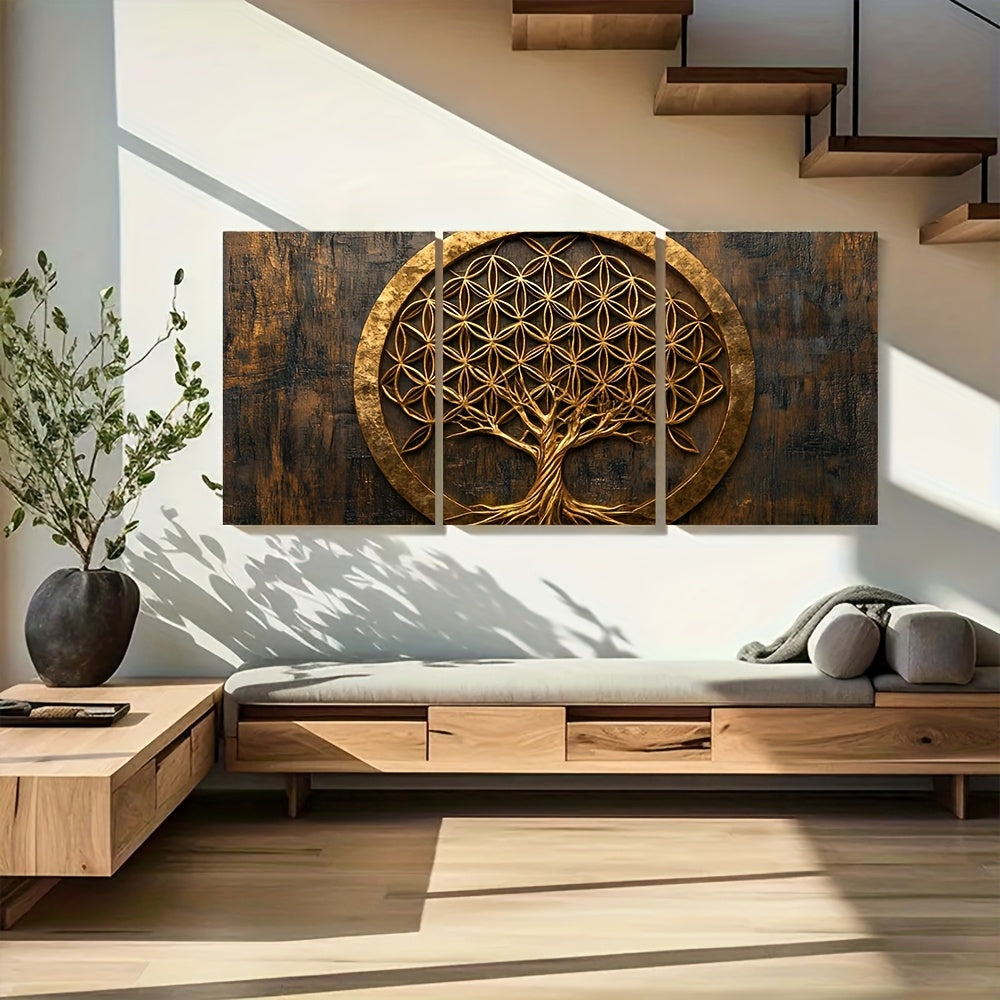 2D Canvas, Modern Bohemian Three-Panel Wall Art- Flower of Life, Tree of Life& Sephiroth Sacred Geometry Framed Canvas Prints 15.7x23.6 Inch, Golden on Dark Background for Living Room, Home Office& Christmas Decor, Wall Decor
